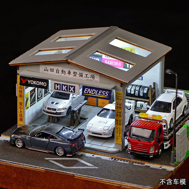 Auto Repair Shop - ชุดประกอบฉากจำลองอู่ซ่อมรถยนต์ขนาด 1:64 พร้อมไฟ LED, โรงรถขนาดจิ๋วสำหรับจัดแสดงรถโมเดล